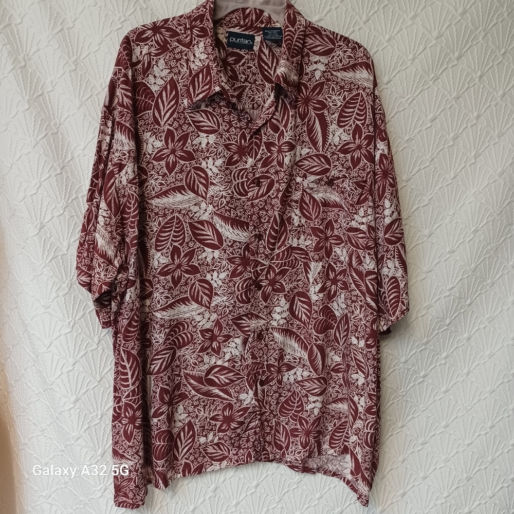Puritan Brown and White Casual Button Down Shirt with Intricate Design Size 2.XL